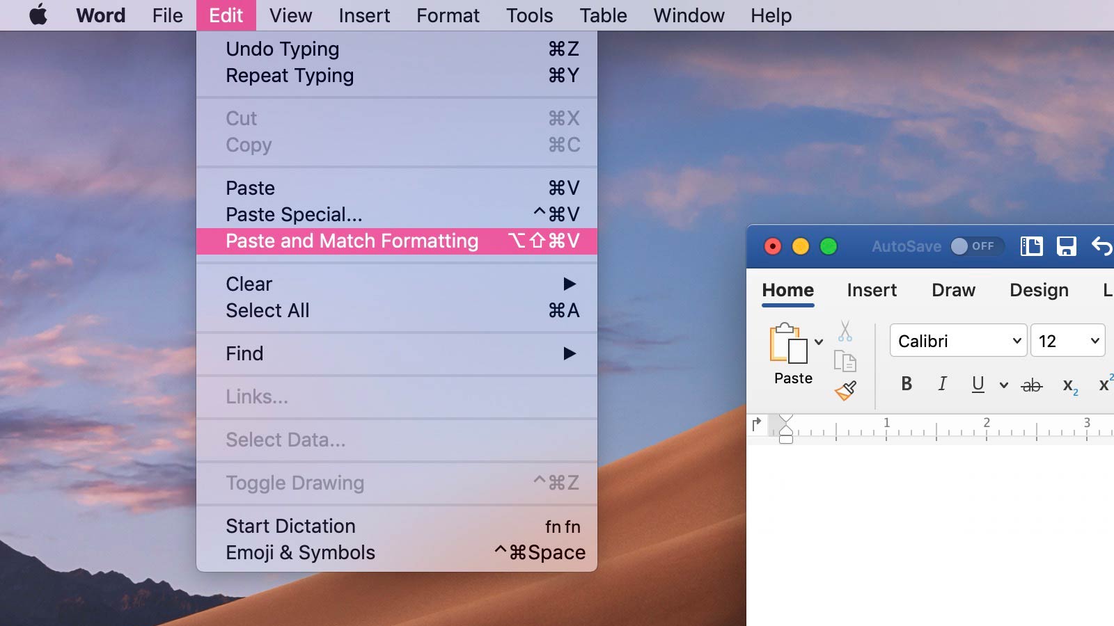 mac shortcut for past unformatted text