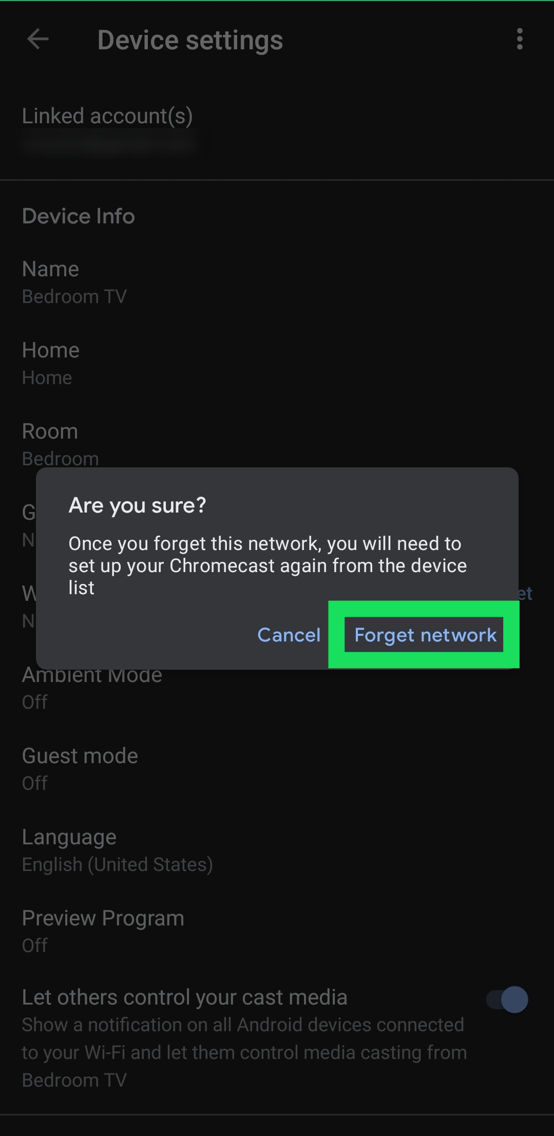 run chromecast app to connect to a new network